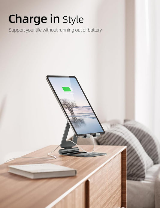 Nulaxy Aluminum Dual Foldable iPad Stand, Fully Adjustable Desktop Tablet Holder, Tablet Accessories for Office Kindle Compatible with Mobile Devices iPad Pro/Air/Mini, iPhone Pro/Max/Plus, Gray