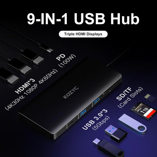 USB C Docking Station 3 Monitors Compatible with Mac/Windows, KOZYC Triple Display Docking Station with 3xHDMI(4k60Hz/30Hz+1080p), 3xUSB 3.0, SD/TF, 100W PD with HDMI Splitter Extend Display 3 Monitor