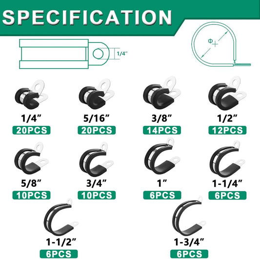 110PCS Cable Clamps Assortment Kit,10 Sizes—1/4" 5/16" 3/8" 1/2" 5/8" 3/4" 1" 1-1/4" 1-1/2" 1-3/4" Stainless Steel Rubber Coated Cushioned Insulated Cable Clamp,Automotive Wire Pipe Clamps