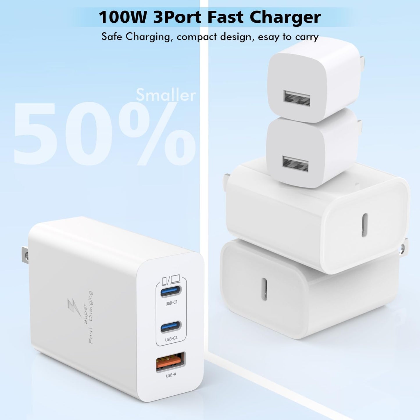 100W USB C Charger, 2Pack 140W USB C to C Woven Cable 6FT Braided Cord 100W Type C MacBook Pro Charger Block 6Foot Super Fast Phone Charging 3 Port PD & AC Charge for MacBook Pro/iPhone 16/15/iPad Pro