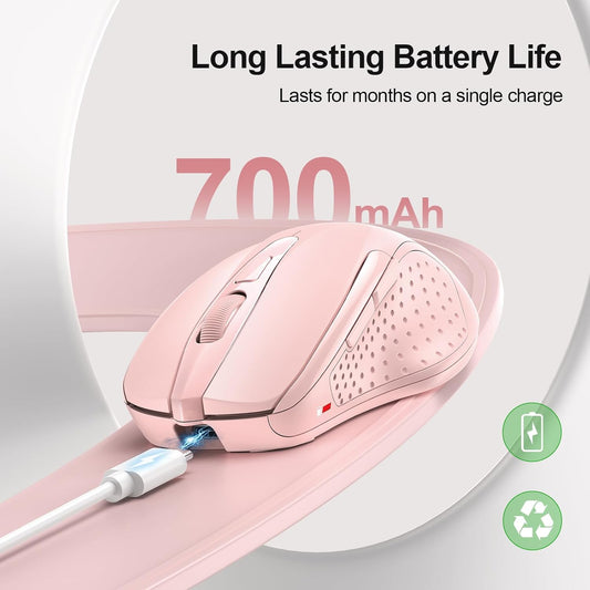 TECKNET Rechargeable Wireless Mouse, 2.4G Silent Mouse, Quiet Click, 6 Adjustable 4800 DPI, Cordless Computer Mouse, Ergonomic Mouse for Laptop, 6 Buttons USB-A Mouse for Chromebook, Ergo Grip - Pink