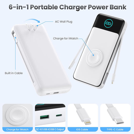 Portable Charger 26800mah for iPhone with Built-in Cables & AC Wall Plug,6-in-1 USB C Power Bank with iWatch Charger,25W PD Fast Charging Battery Pack for iPhone 16/15/14/13/12,Android,Apple Watch etc