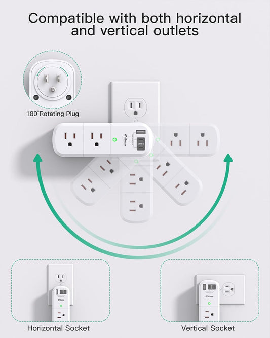 Cruise Ship Essentials - Outlet Extender with Rotating Plug, 6 AC Outlets with USB Charging Ports, Multi Plug Wall Outlet USB C Charger Hub, Non Surge Protector Non Extension Cord