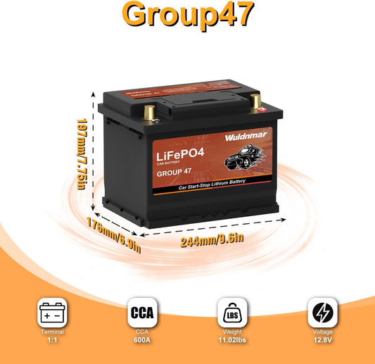 12V BCI Group 47 LiFePO4 Lithium Car Battery 600CCA Lightweight Automotive Start-Stop Battery Size H5