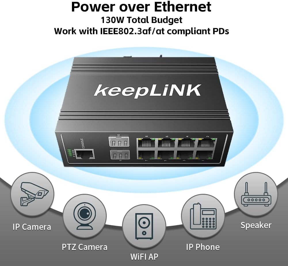 10-Port Industrial Gigabit PoE Switch, Managed with 8 PoE+@130W, 2 SFP Slots, DIN Rail Network Switch, IP40, Operating Temperature Range of -30° – 75°C (-22° – 167°F), Lifetime Protection