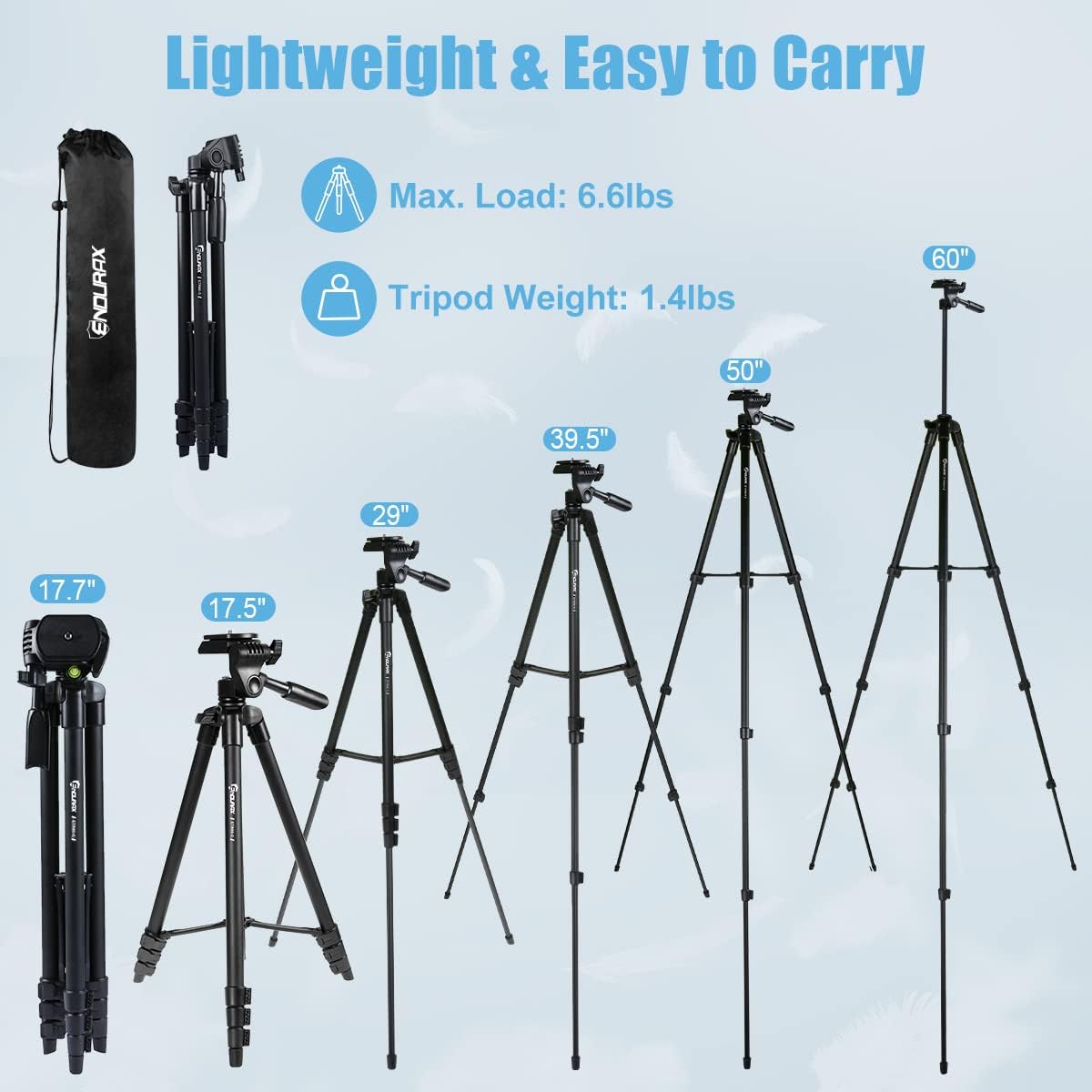Endurax 60'' Camera Tripod Camera Stand for Canon Rebel Eos Nikon DSLR, Travel Tripods for Phone Tablet with Remote Black