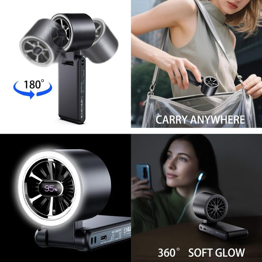 CAZOKASI Rechargeable Strong Wind Handheld Fan With Ambient Lighting 4 IN1 5000mAh Upto 22H For Desktop Waist Clip Neck (StrongWind/Black)