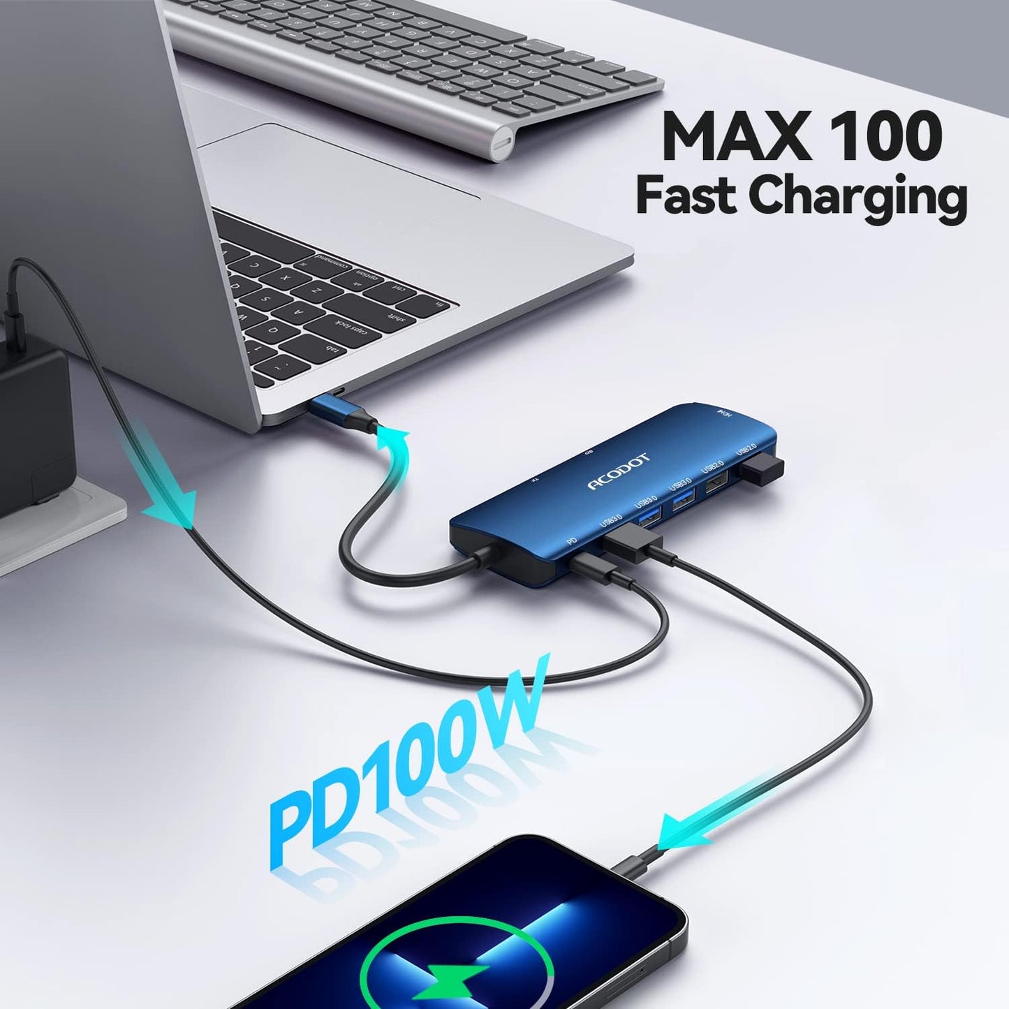 Acodot 9 in 1 USB C to 4K@60HZ HDMI Multiport Adapter, 3 USB 3.0 Ports, SD/TF Card Reader, 100W PD, Designed for MacBook Pro Air HP XPS etc, Blue