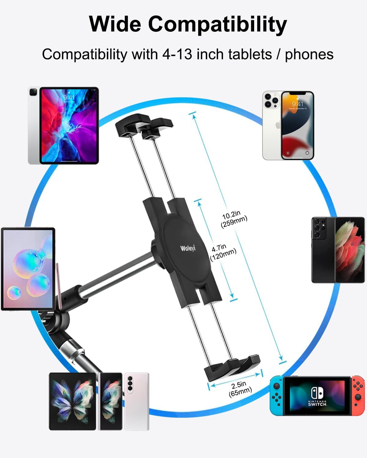 woleyi Adjustable Tablet Mount Holder, 35" Desk/Bed Clamp Phone iPad Stand with Foldable 360° Swivel Arm for iPad Pro 12.9 Air Mini, iPhone, Galaxy Tabs, Nintendo Switch, 4-13" Cell Phones and Tablets