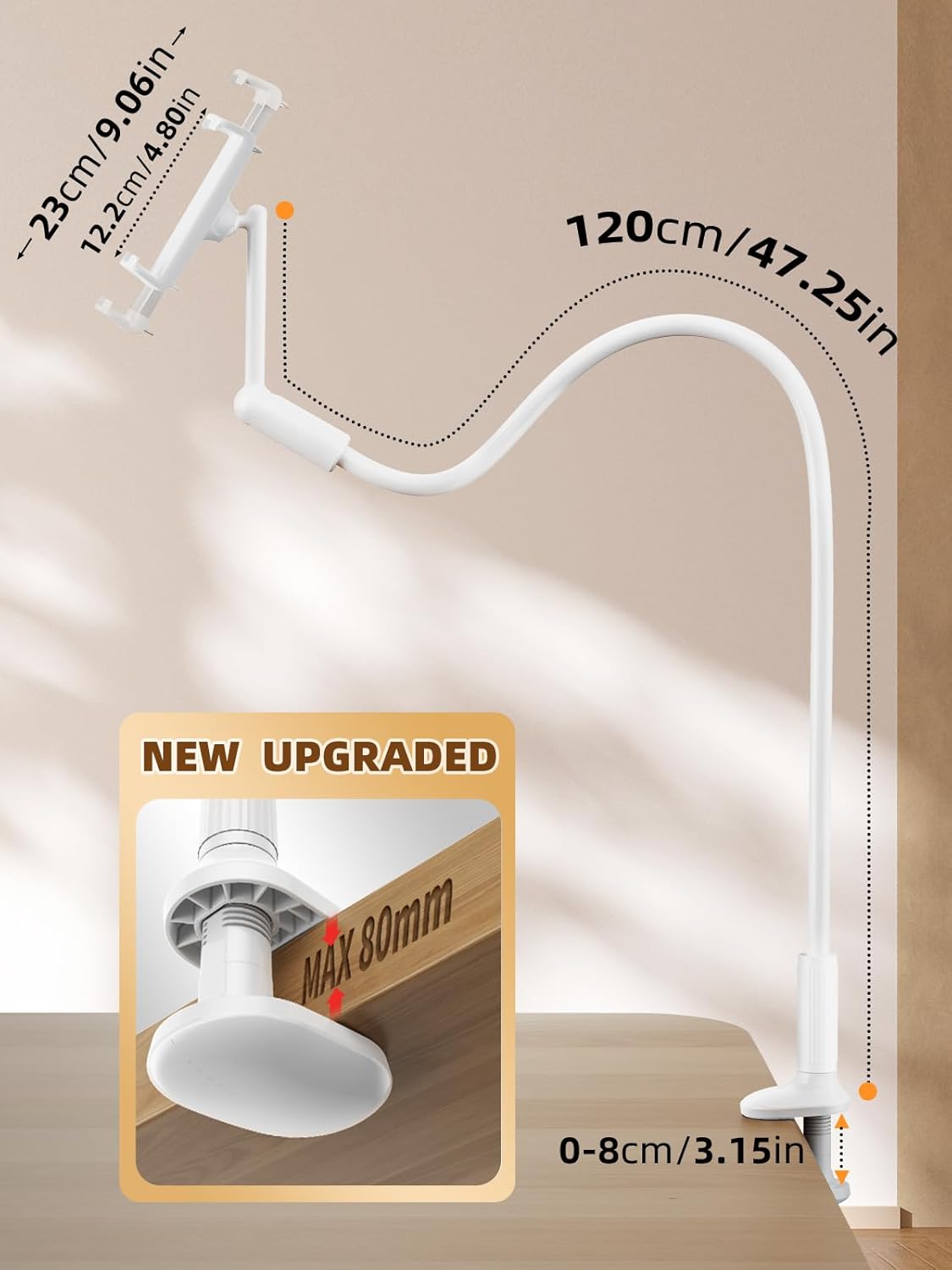 SAIJI Gooseneck Tablet Holder for Bed, One-Hand Adjustable, 47" Length, Upgraded Base, iPad Holder Stand Flexible Lazy Arm, Compatible with iPad/iPhone/Kindle/Switch or Other 4.7-13" Device (White)