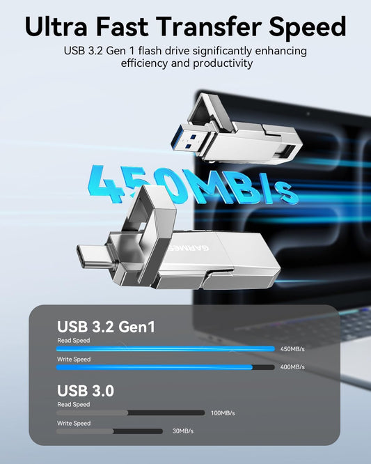512GB USB C Flash Drive Up to 450MB/s Read Speed, External SSD USB 3.2 Gen 1 Thumb Drive 2-in-1 Memory Stick Data Storage Compatible with Smartphone Tablet Computer