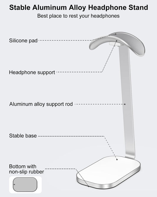 VICHYIE Headphone Stand for AirPods Max, Headset Holder with Aluminum Supporting Rod, Heavy Base Desk Stand Headphones Support Accessory for All Headphones - Silver White