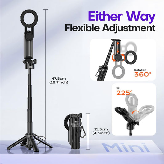 Magnetic Mini Phone Selfie Stick with 2 Fill Light, 360° Rotation Portable Phone Travel Tripod with Remote Control,Magnetic Chuck & Clip Selfie Stick for iPhone Android TIK Tok/Live/Video Recording