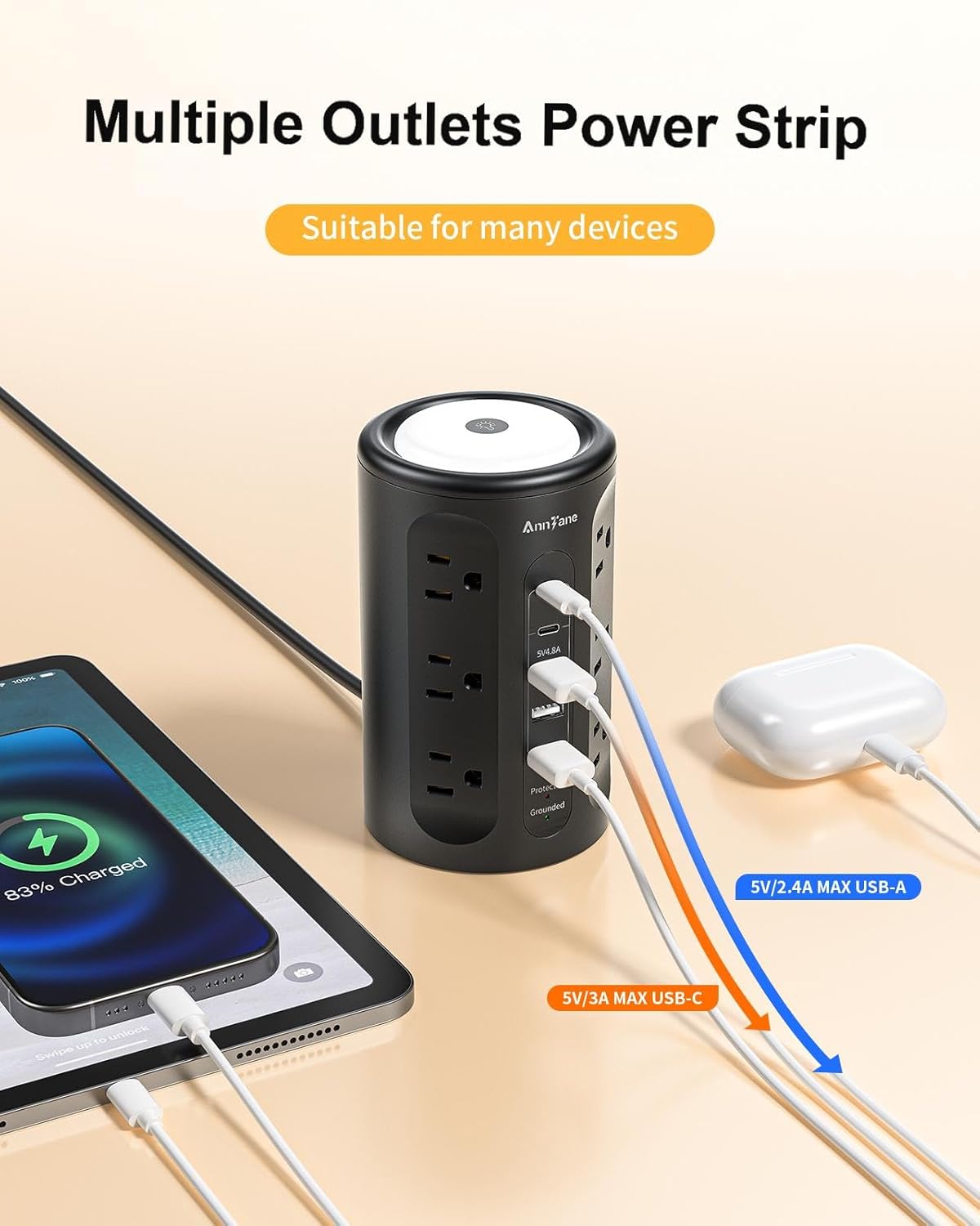 Power Strip Tower with Night Light, Power Strip Surge Protector with USB Ports, Extension Cord 10 FT with Multiple Outlets (12AC+3A+2C) for Home Office Desk DormRoom (Black)