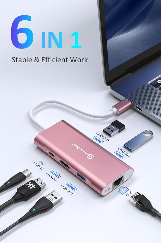 UtechSmart USB C Hub, Ethernet Multiport Adapter 6 in 1 USB C to HDMI Dock Compatible for MacBook Pro/Air, Chromebook, Dell XPS, HP and Type C Devices (Gigabit Ethernet 100W PD 4K HDMI USB 3.0) Pink