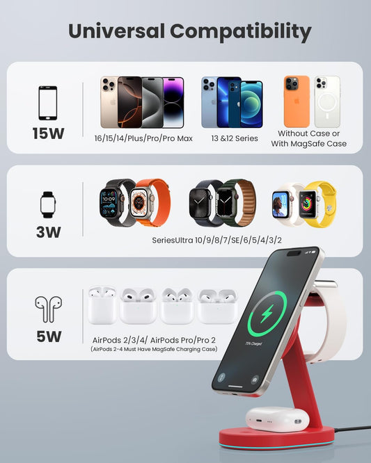 3 in 1 Wireless Charger Charging Station for iPhone,Qi2 Certified 15W Magnetic Charging Stand for Mag-Safe with 30W USB C Adapter&Friendly Night Light for iPhone 16/15/14/13/12,Apple Watch,AirPods