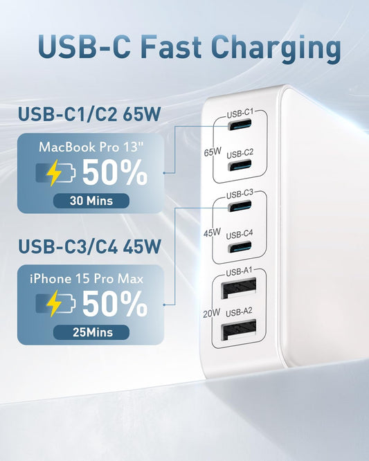 MSTJRY Charging Station for Multiple Devices : 130W 6 Port GaN Fast USB C Charger Station, Compact Multi Port PD 65W 45W Charger for MacBook Pro/Air/iPad iPhone 16 15/14/13/Pro Max/Galaxy