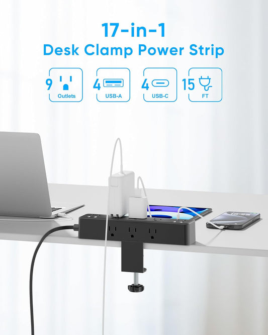Flat Plug Desk Clamp Power Strip 15FT, 40W Total Fast Charging Station, Dual PD 20W USB C Ports, Desk Edge Mount Power Strip 9 AC Outlets 8 USB Ports(4 USB C) Surge Protector, Fit 1.7" Tabletop Edge