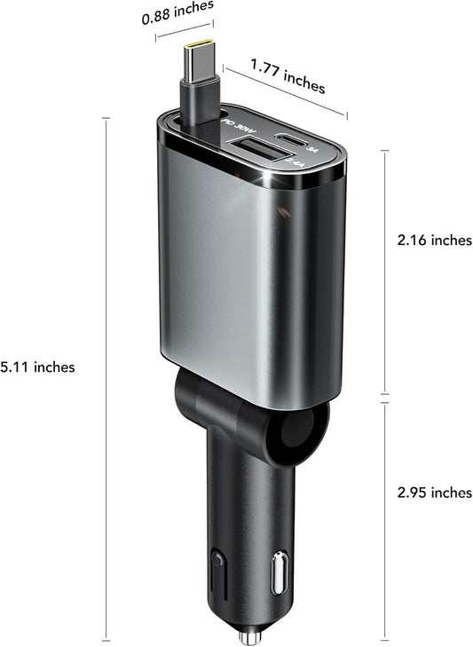 Retractable Car Charger, 3 in 1 Fast Car Phone Charger 50W, 1 TypeC Retractable Cables and USB Port, Compatible with iPhone 16/15/14/13/12/11,Galaxy,Pixel