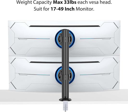 BEWISER Dual Monitor Stand Desk Mount- Vertical Heavy Duty Monitor Riser Fits Two 17 to 49 Inch Screen with Swivel, Tilt, Height Adjustable,weight capacity up to 33 lbs,BL200-B