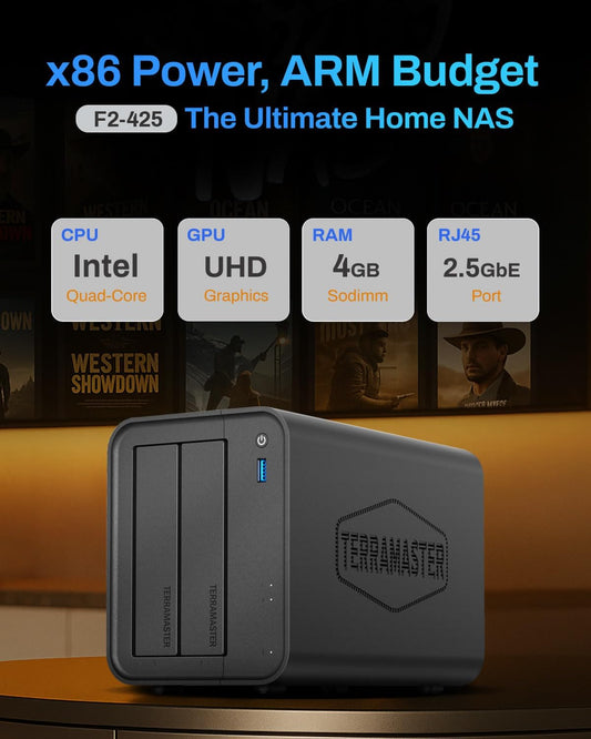TERRAMASTER F2-425 2-Bay NAS Storage - Intel x86 Quad-Core CPU, 4GB RAM, 2.5GbE LAN, Network Attached Storage Multimedia Server for Home Users (Diskless)