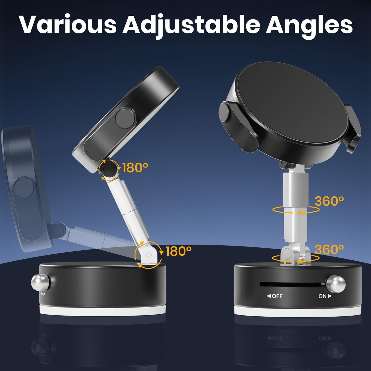 Upgraded 360° Adjustable Vacuum Magnetic Phone Holder, Vacuum Suction Magnetic Phone Mount with Clamp Foldable Phone Holder for Car/Gym/Mirror/Smooth Surface, Suitable with All Smartphones (Black)