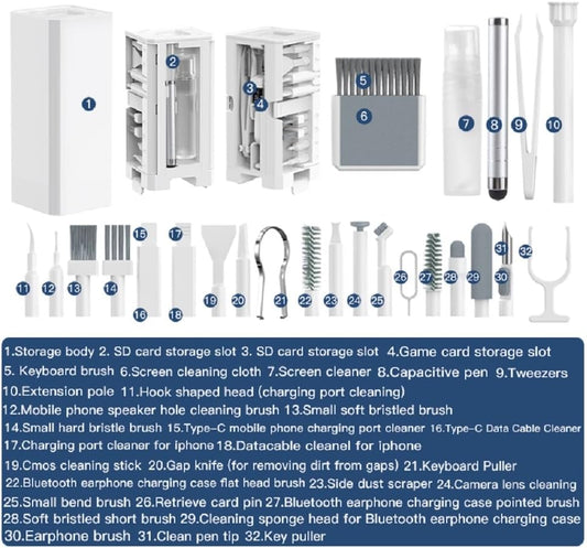 32-in-1 Multi-Function Electronics Cleaning Kit, Computer Laptop Cleaner Kit with Charging Port, Stylus Pen, Keyboard Brush & Reusable Tools for iPhone, MacBook, AirPods, Laptop, Camera Lens