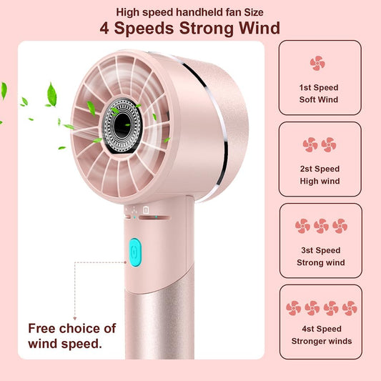 Handheld Fan, Mini Small Portable Turbo Fan, USB Type-C Rechargeable with 4 High Speeds Personal Fans, Max 16 Hours Working Time, Small Hand Fan for Travel, Camping, Office, Home, Outdoor - Pink