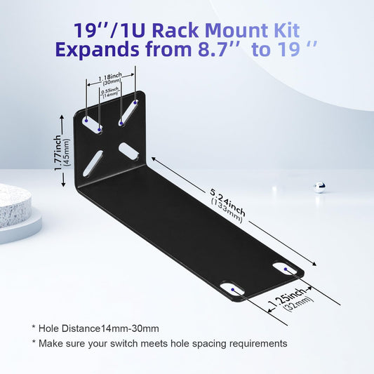 Rack Mount Kit for 8.7 inch Switches, Adjustable Rack Ears for Netgear, Cisco, D-Link, TRENDnet and HP Products, Mount 8.7" Wide to 19" Equipment, Adjustable Hole Distance 14-30mm