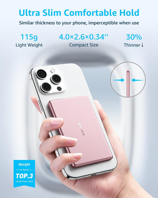 “Air” Power Bank for MagSafe 5000mAh, Ultra Slim Magnetic Wireless Portable Battery Charger Case with USB-C Cable, Compatible with iPhone 17/16/15/14/13/12 Series Only (Pink)