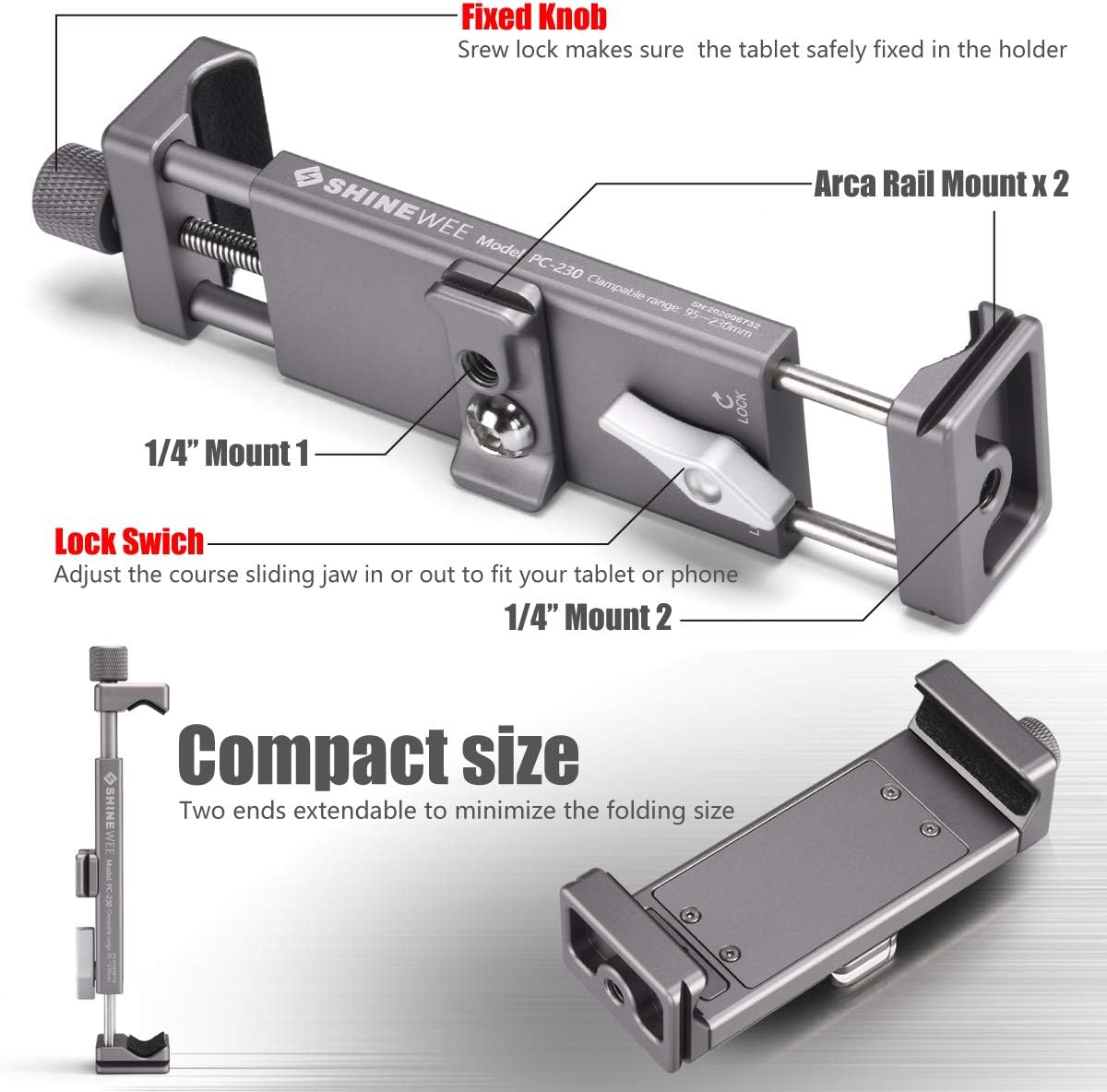 Full Metal Tablet Tripod Holder – Compatible with iPad mini, Air, Pro | 1/4" Screw & ARCA Dovetail Mounts | Universal Tablet Clamp Adapter