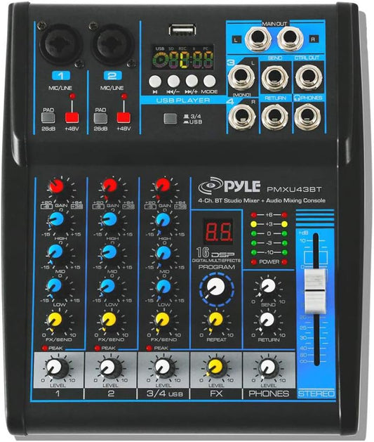 Pyle Professional Audio Mixer Sound Board Console System - Interface 4 Channel Digital USB Bluetooth MP3 Computer Input 48V Phantom Power Stereo DJ Studio Streaming FX 16-Bit DSP processor - PMXU43BT