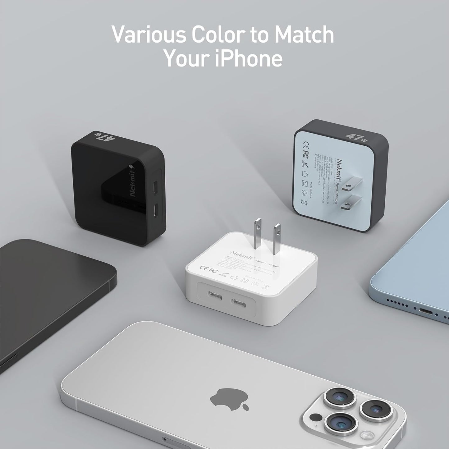 Nekmit Flat USB C Wall Charger, 47W Dual Ports USB C Charger Block, PPS Fast Charging Wall Plug for iPhone 15/15 Pro/15 Pro Max, Galaxy, MacBook Air, iPad, AirPods and More (Black)