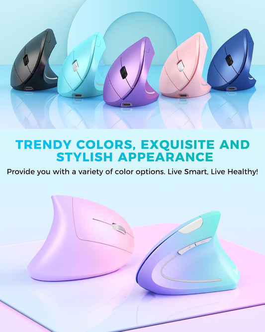 Lekvey Ergonomic Mouse, Vertical Wireless Mouse, Rechargeable 2.4G Optical Carpal Tunnel Mice: 800/1200 / 1600 DPI, 6 Buttons, for Laptop, PC, Computer, Desktop, Notebook etc, Green Purple