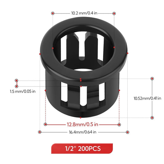 200PCS 1/2" Black Cable Snap Bushing Grommet, Snap in Cord Bushing Protect Cables