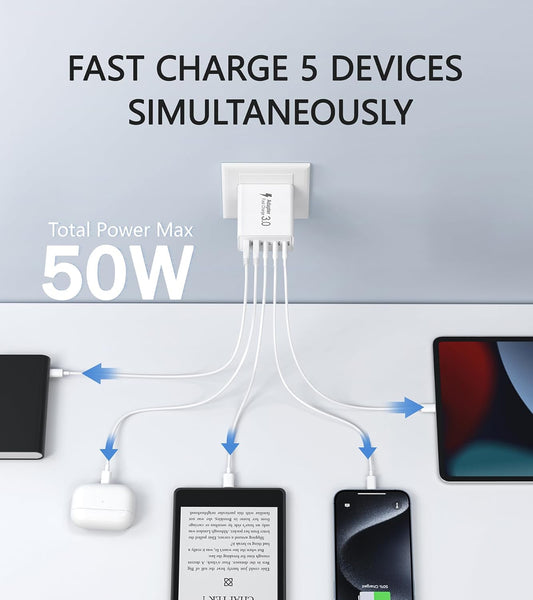 2Pack USB C Fast Charger Block,50W 5-Port USB C Wall Charger Brick,2 USB A & 3 USB C PD3.0 Power Adapter Multiport Type C Charging Plug for iPhone 16/15/14/13,Pad Mini/Pro,AirPods 4,GalaxyS23(White)