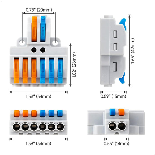 10PCS Lever Wire Connectors, Quick Wiring Cable Connectors, Compact Push-in Conductor Terminal Block (10PCS 2 in 6 Out)