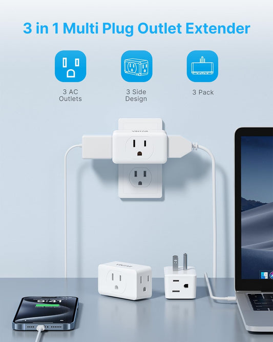 Multi Plug Wall Outlet Extender 2 Pack, VINTAR Electrical Multiple Outlet Splitter, 3 Way Plug Adapter, Small Wall Expander for Home Office Dorm Cruise Ship Travel Essentials