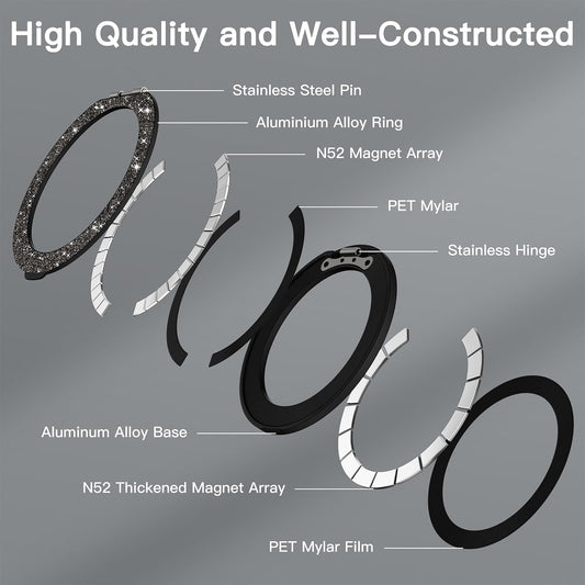 COOLQO Upgraded Magnetic Phone Ring Holder Stand, Super Magnet Cell Phone Grip Finger Kickstand Compatible with MagSafe Mag Safe Accessory for iPhone All Smartphones (1-Glitter Black)