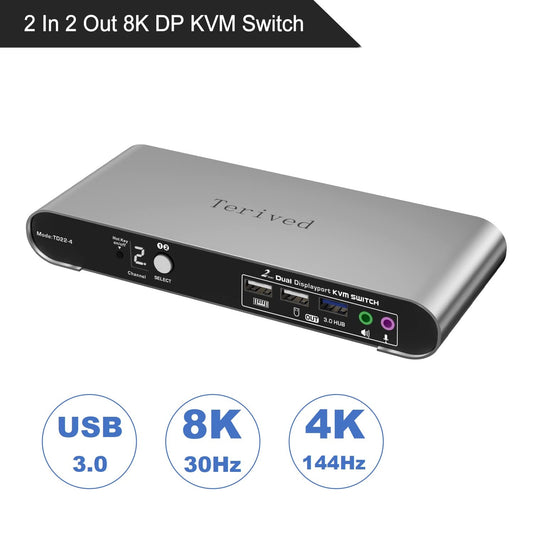2 Port DP USB 3.0 Automatic KVM Switch Dual Monitor 4K@144Hz Two Computers Two DisplayPort Monitors switcher, 8K@30Hz, Aluminum hotkey Audio mic, Digital Display, HDR10 with Cables