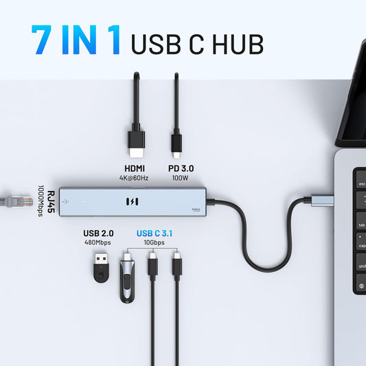 Selore 10Gbps USB C Hub Multiport Adapter, Ethernet Adapter with 4K@60Hz HDMI, Gigabit Ethernet, 3 USB C Ports, 100W PD, USBC Dongle for MacBook Pro Air, iPad, HP, Dell, etc