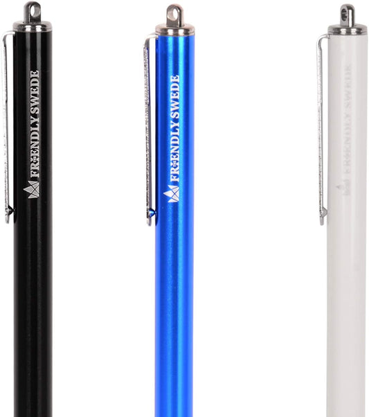 The Friendly Swede Stylus Pen for Touchscreen — 3-Pack 5.5" High Precision Stylus Pen with Replaceable Thin Tips, Elastic Lanyards & Screen Cleaning Cloth - Black/Blue/White