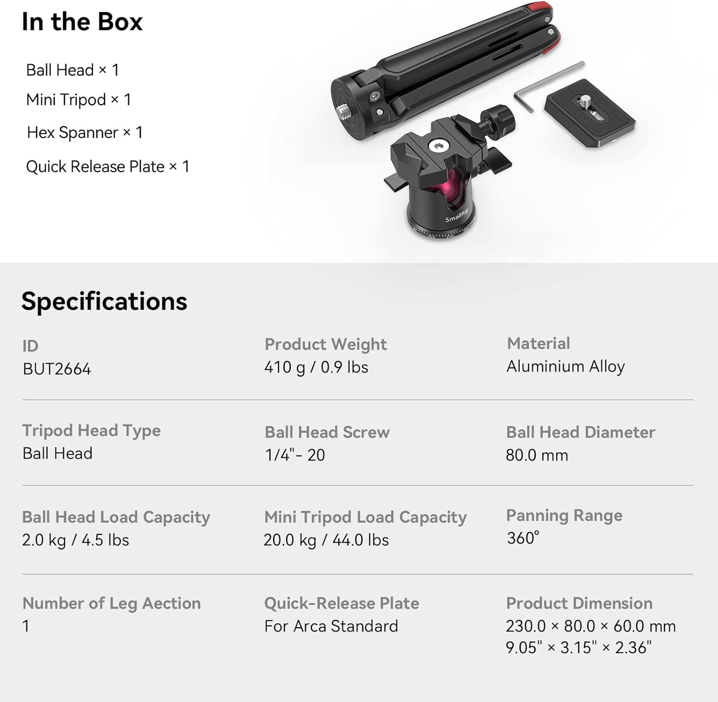 SmallRig Mini Tripod for Camera, Updated Desktop Tabletop Tripod with Arca-Type Compatible QR Plate, 360° Ball Head and 1/4 Screws Portable for Compact Cameras DSLRs, Phone, Gopro - BUT2664