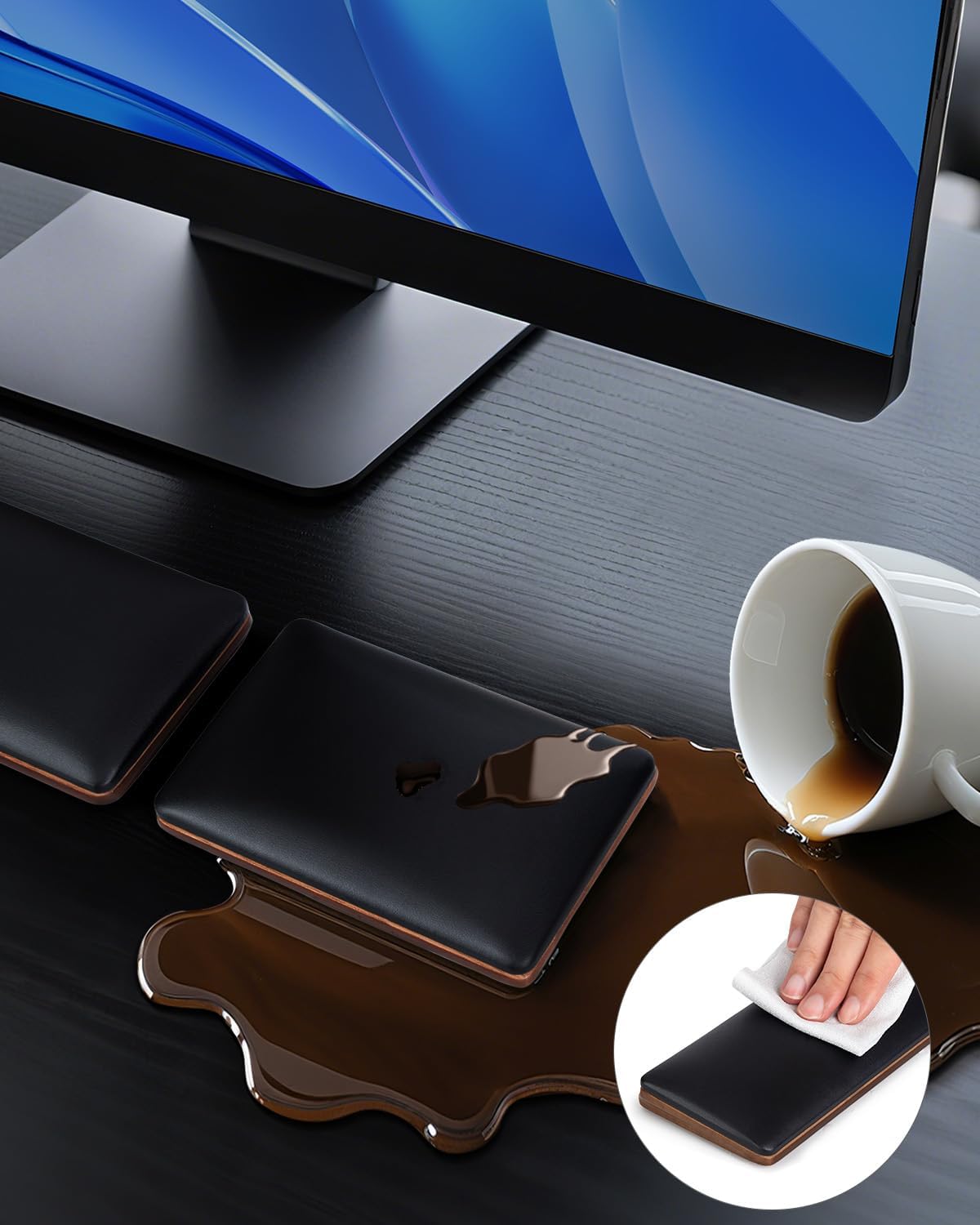 ASFSKY Keyboard and Mouse Wrist Rest Set - Memory Foam & Wooden Base Ergonomic Wrist Support Pad with PU Leather Cover, Non-Slip, Durable & Easy-to-Clean Wrist Cushion for Office, Gaming Desk