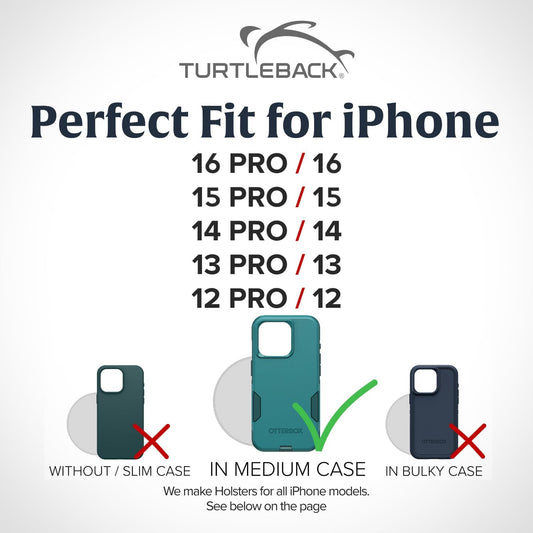 Turtleback Belt Holder for iPhone 16 Pro, 16e, 15 pro 14 Pro 13 Pro -Medium- Fits w/Shockproof Commuter Style Cases, Premium Black Leather Vertical Holster, Magnetic Closure Leather Wrapped Clip