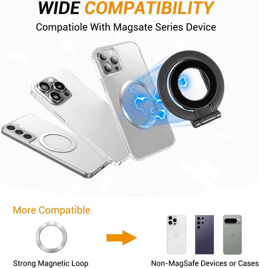 Magnetic Ring Holder Grip, Adjustable Magnet Phone Ring Stand, Multi-Angle Stability Kickstand, Strong Double Sided Magnetic Phone Grip, with Magnet Ring for Phone Case, Black