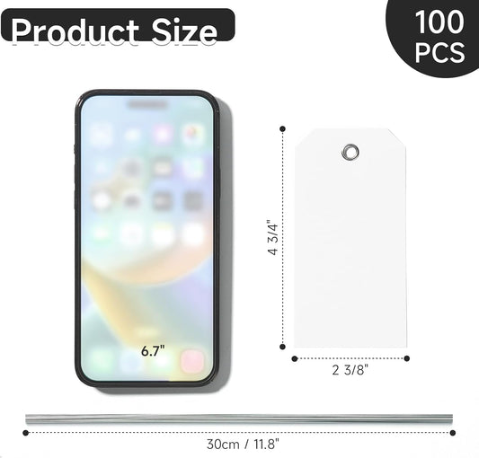 100 White Tags with String - Large Plastic Tags with Reinforced Hole for Price Machines Parts Luggage Garage Inventory (4 3/4" x 2 3/8")