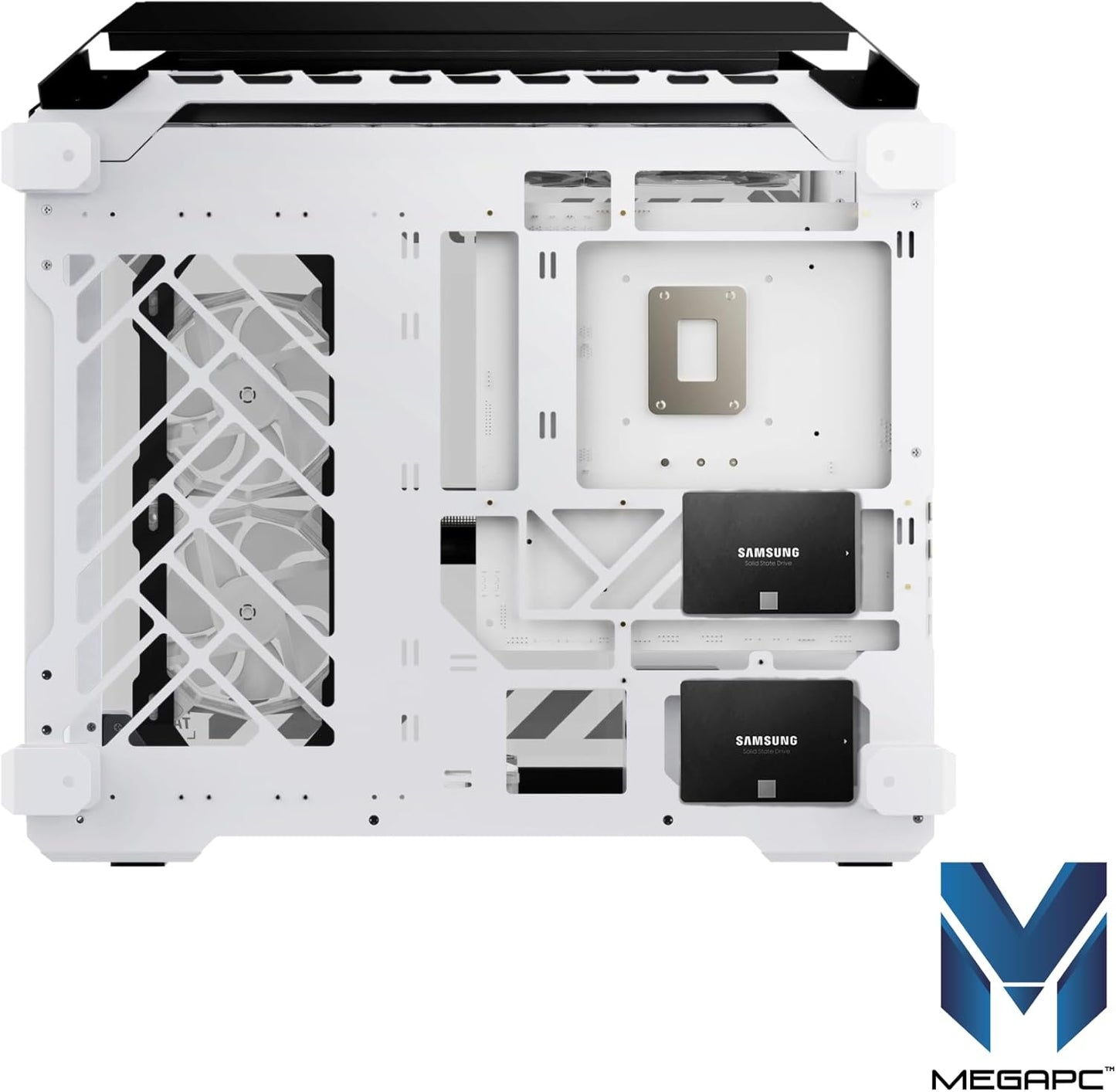 MegaPC Mino Open-Frame ATX Gaming Case โ Industrial Design, Tempered Glass Panels, High Airflow, ARGB Lighting, USB-C Port (Black/White/Print Stream, with Fans Only)