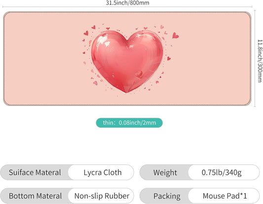 Dynippy Thin Extended Gaming Mouse Pad (31.5 * 11.8 * 0.08 inch) with Stitched Edges Large Mousepad Long XXL Keyboard and Mouse pad Desk Mat for Gaming Office & Home - Love Pattern