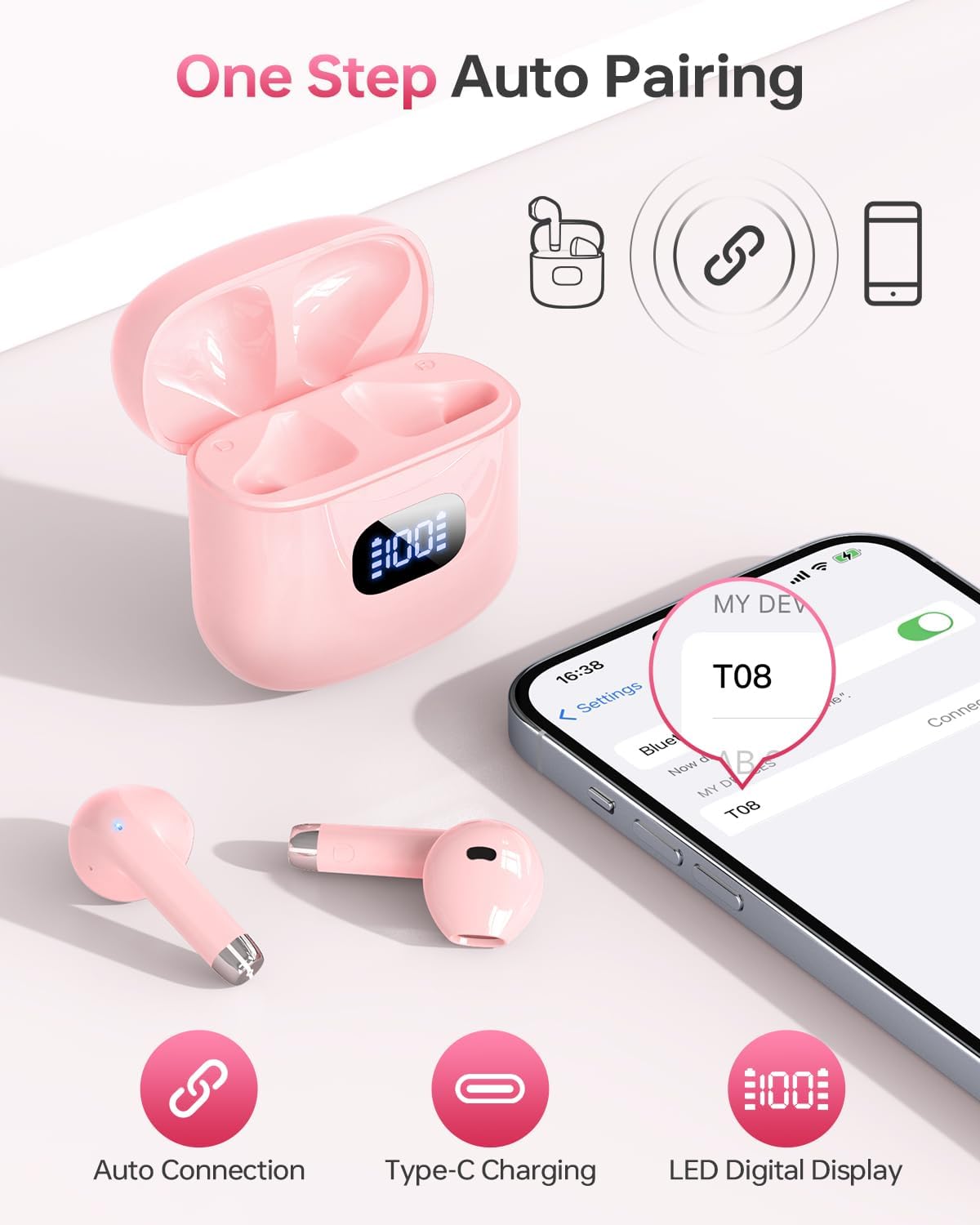 Wireless Earbuds Bluetooth 5.3 Headphones, 40Hrs Playback Stereo Ear Buds with LED Display Charging Case IPX7 Waterproof in-Ear Earphones with Mic for Phone Tablet Laptop Sports, Pink